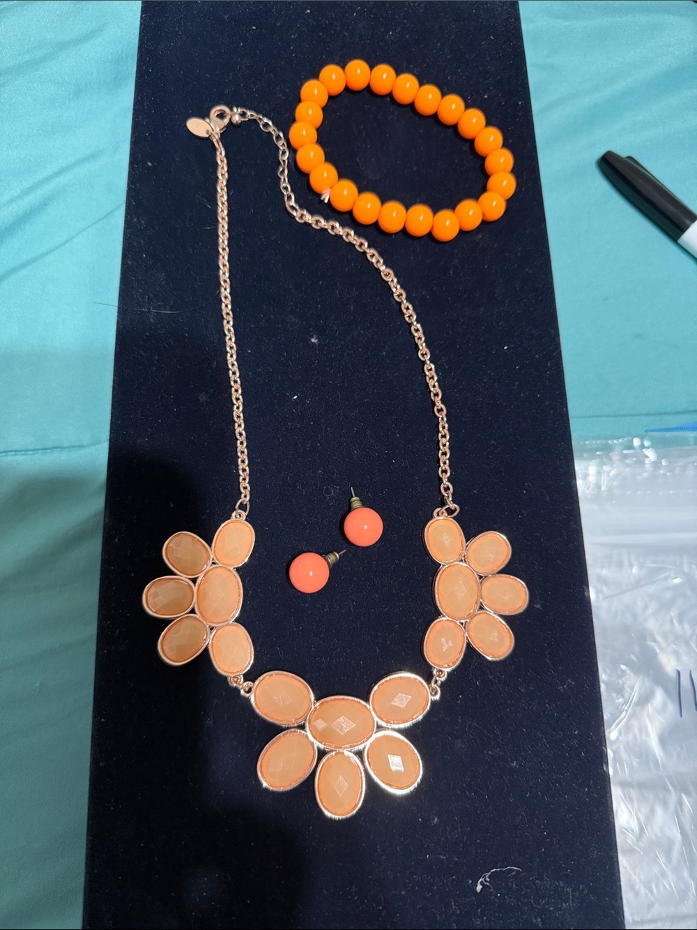 Orange Floral Statement Necklace and Earrings Set - Women Jewelry